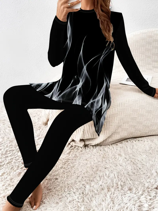 Women Abstract Printing Two-Piece Set Daily Long Sleeve Casual Spring/Fall Top With Pants Matching Set