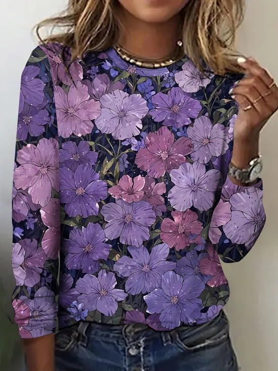 Vintage Floral Crew Neck Long Sleeve T-shirt