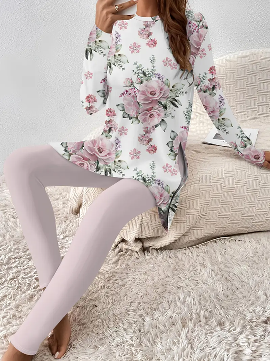 Women Floral Printing Two-Piece Set Daily Long Sleeve Casual Spring/Fall Top With Pants Matching Set