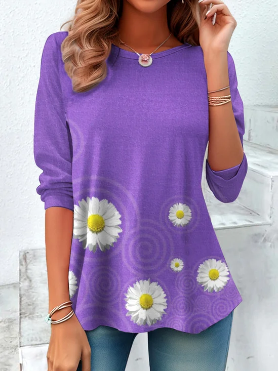 Vintage Floral Crew Neck Long Sleeve T-shirt