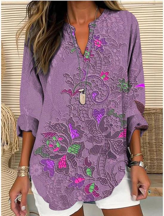 Shawl Collar Half Sleeve Floral Regular Loose Blouse For Women