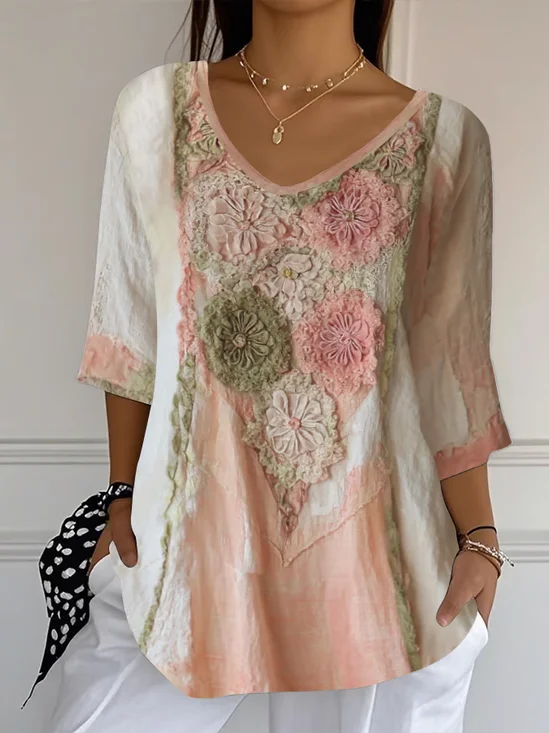 Casual Floral V Neck Three Quarter Sleeve T-shirt