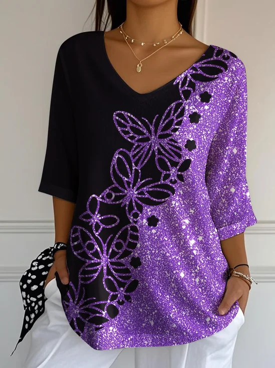 Vintage Floral Crew Neck Three Quarter Sleeve T-shirt