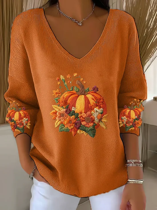 Halloween Pumpkin Print Casual Floral V Neck…