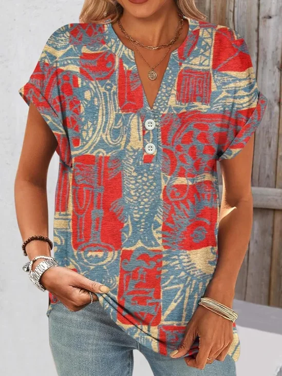 Casual Art Painting V Neck Short Sleeve Comfy Cotton T-shirt