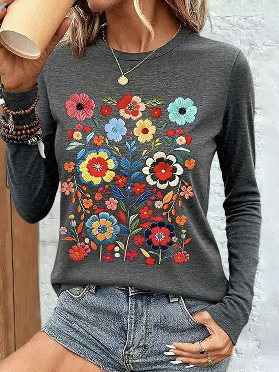 Vintage Floral Crew Neck Long Sleeve T-shirt