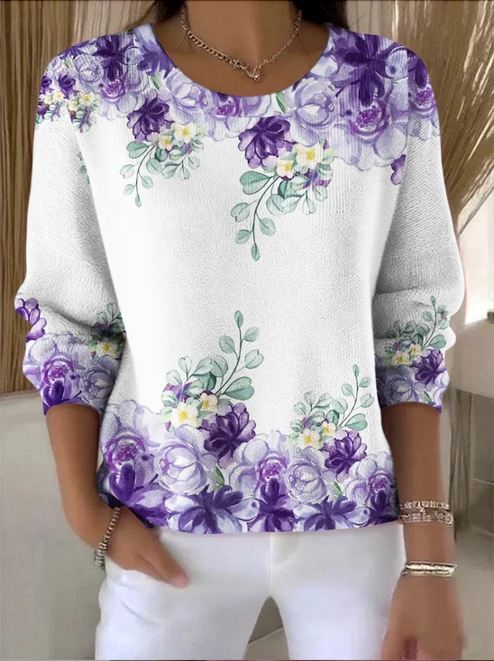 Women Cotton Floral Long Sleeve Comfy Vintage Sweater