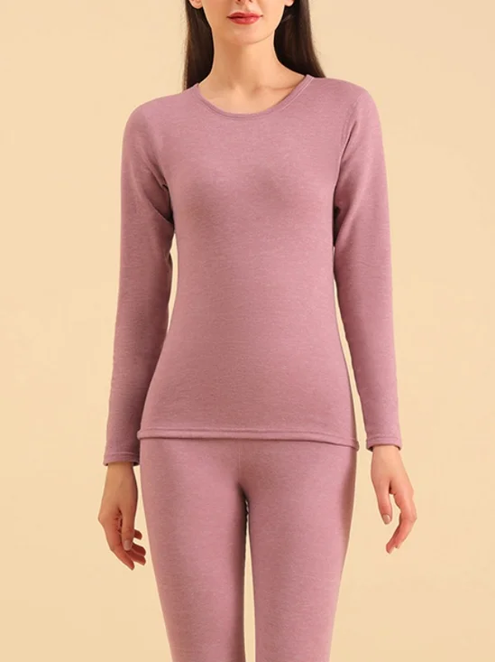 Women Plain Two-Piece Set Daily Long Sleeve Casual Spring/Fall Top With Pants Matching Set