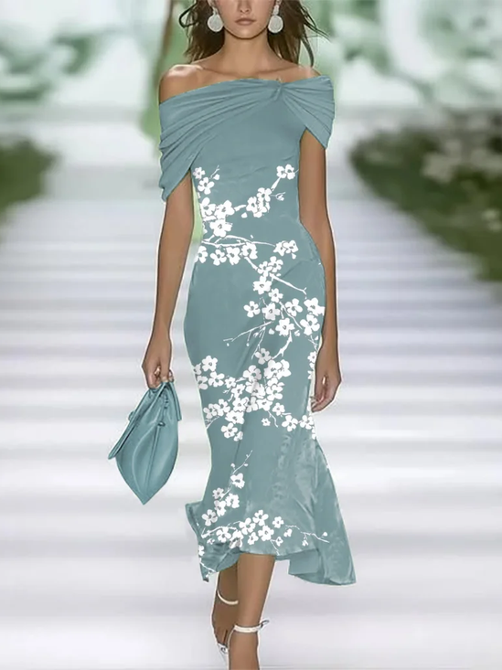 Women Floral Summer Printing Dress Cold Shoulder Cap Sleeve H-Line Dress
