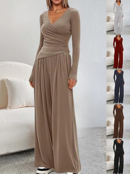 Women Plain Split Joint Two-Piece Set Daily Long Sleeve Casual Spring/Fall Top With Pants Matching Set