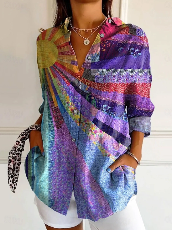 V Neck Long Sleeve Abstract Graphic Regular Micro-Elasticity Regular Fit Shirt For Women