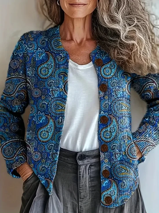 Women Knitted Paisley Long Sleeve Comfy Vintage Cardigan
