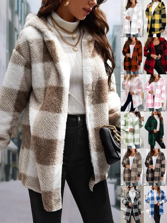Women Spring/Fall Outerwear Vintage Split Joint Plaid Long Sleeve Hooded Jacket