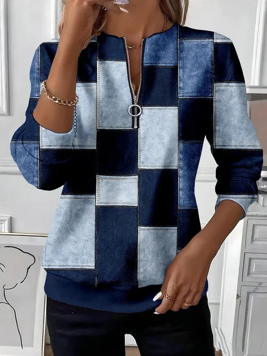 Casual Crew Neck Abstract Plaid Sweatshirt Printing