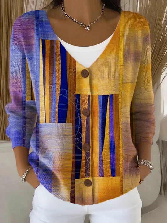 Women Knitted Geometric Long Sleeve Comfy Vintage Cardigan