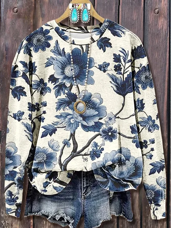 Casual Crew Neck Floral Sweatshirt Printing