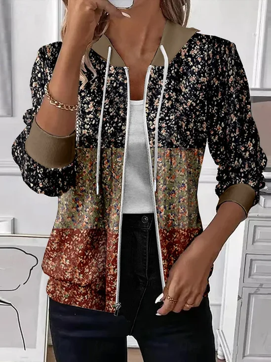 Women Spring/Fall Outerwear Casual Printing Floral Long Sleeve Hoodie Jacket