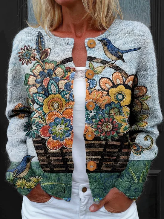 Women Knitted Floral Long Sleeve Comfy Vintage Cardigan