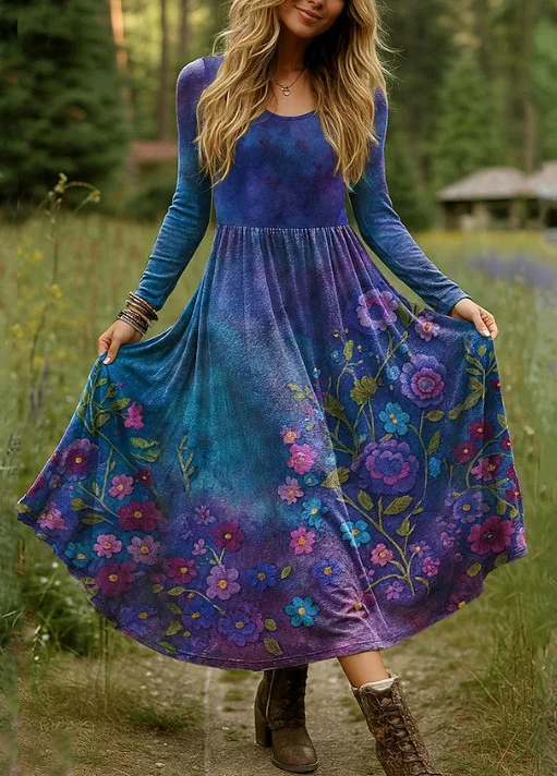 Women Floral Spring/Fall Dress V Neck Long Sleeve A-Line Dress