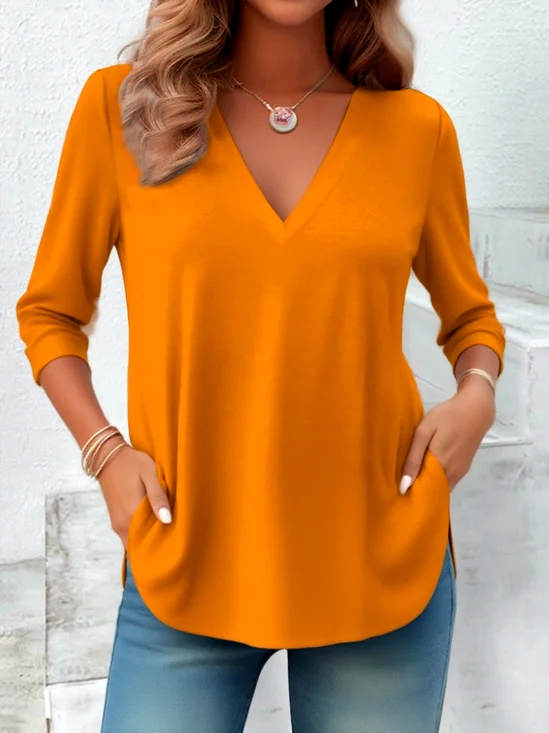 Casual Plain V Neck Long Sleeve T-shirt