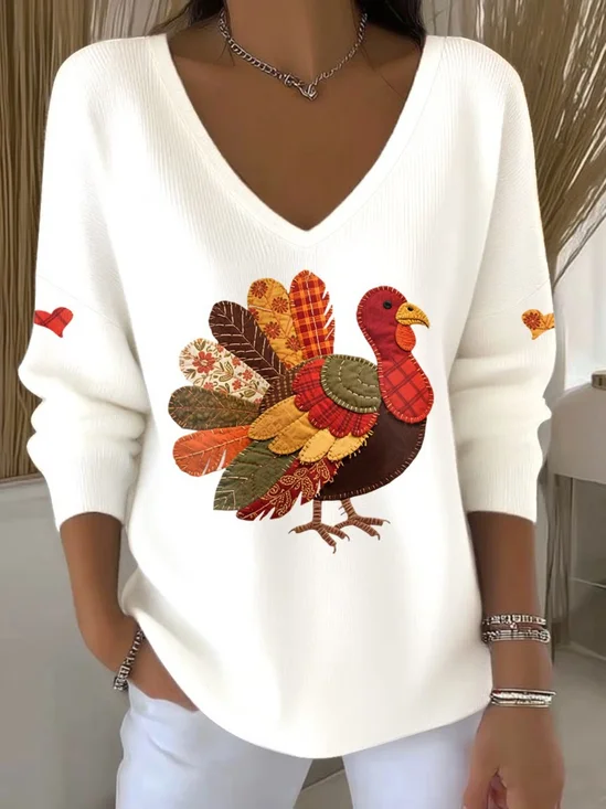 Casual Thanksgiving Day V Neck Turkey Print Comfy Sweater
