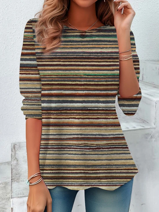 Casual Striped Crew Neck Long Sleeve T-shirt