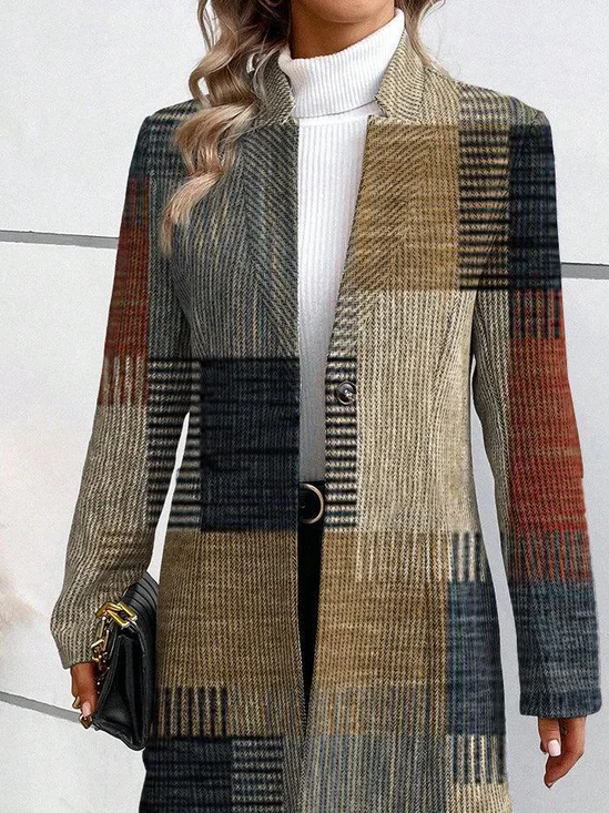 Women Spring/Fall Outerwear Vintage Printing Geometric Long Sleeve Stand Collar Jacket