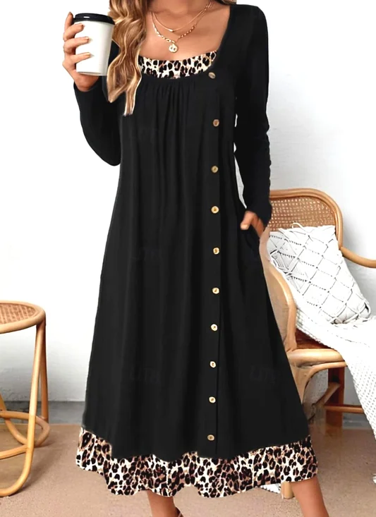 Women Color Block Spring/Fall Dress Crew Neck Long Sleeve A-Line Dress
