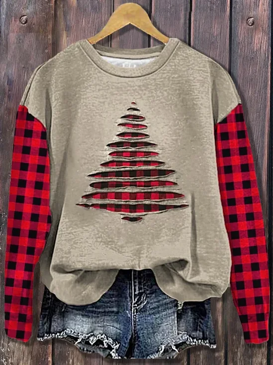 Casual Crew Neck Plaid Sweatshirt Printing