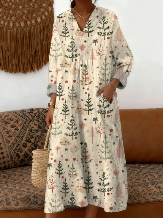 Women Geometric Spring/Fall Dress V Neck Long Sleeve A-Line Dress