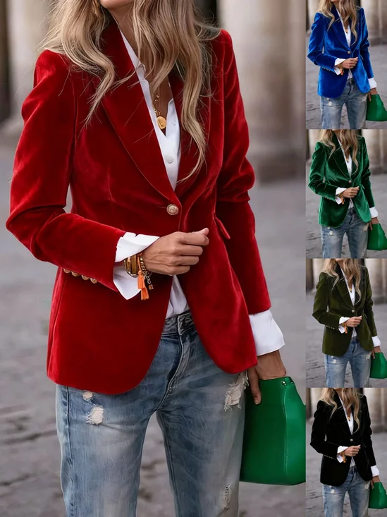Women Plain Spring/Fall Outerwear Vintage Split Joint Long Sleeve Lapel Collar Regular Blazer