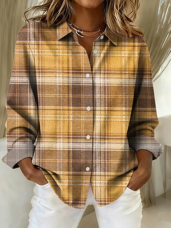 Shirt Collar Regular Sleeve Long Sleeve Plaid Buckle Regular Loose Button Up Shirt Shirt For Women