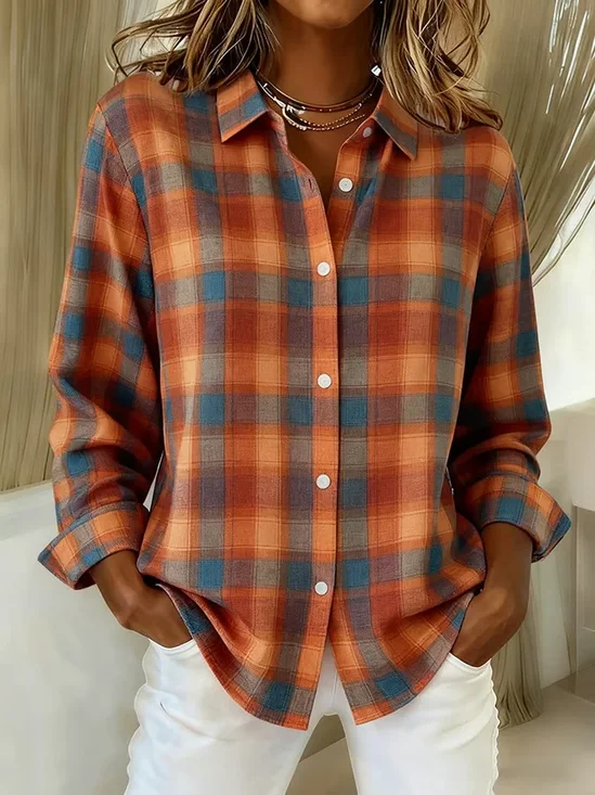 Shirt Collar Regular Sleeve Long Sleeve Plaid Buckle Regular Loose Button Up Shirt Shirt For Women