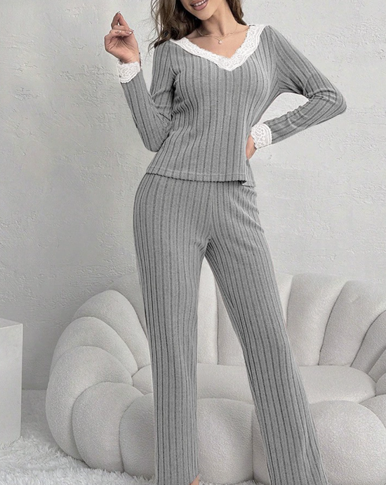 Women Plain Two-Piece Set Daily Long Sleeve Casual Spring/Fall Top With Pants Matching Set