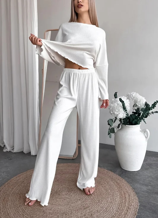 Women Plain Two-Piece Set Daily Long Sleeve Casual Spring/Fall Top With Pants Matching Set