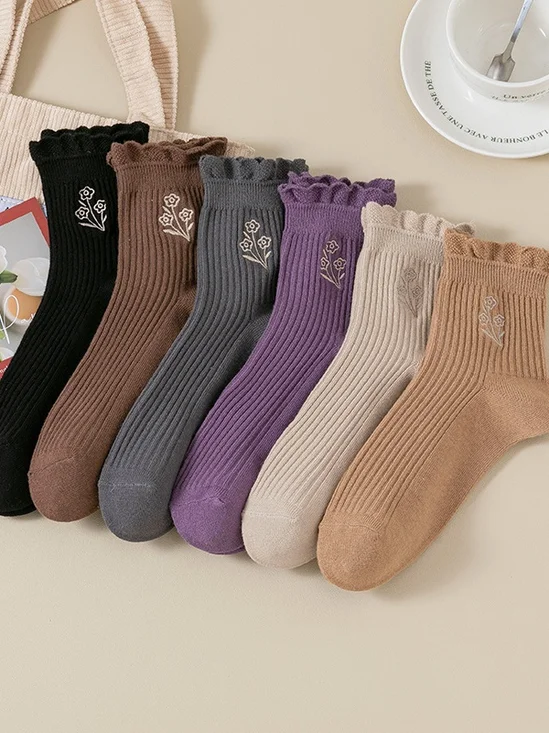 Cotton Embroidery Sweat-absorbent Trendy Japanese Style Cute Fungus Lace Mid-tube Women's Socks Breathable Pile Socks