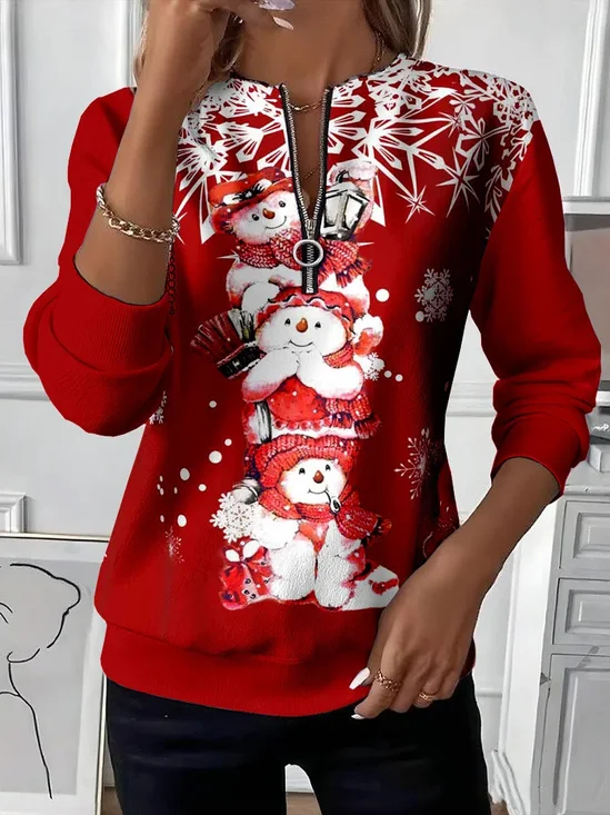 Casual Crew Neck Christmas Snowman Sweatshirt Printing
