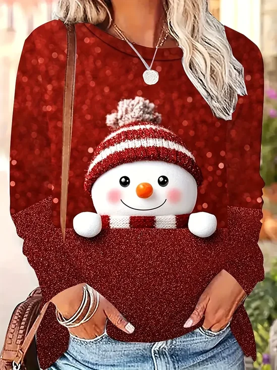 Casual Christmas Snowman Crew Neck Long Sleeve T-shirt