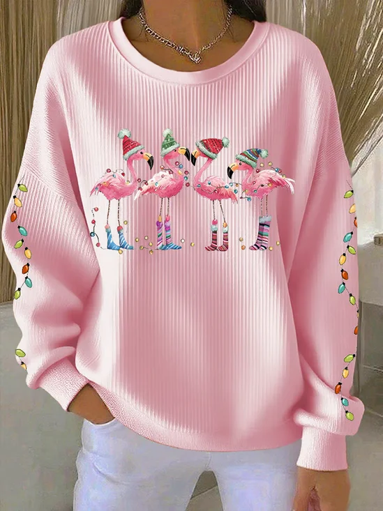 Casual Crew Neck Flamingo Sweatshirt Printing
