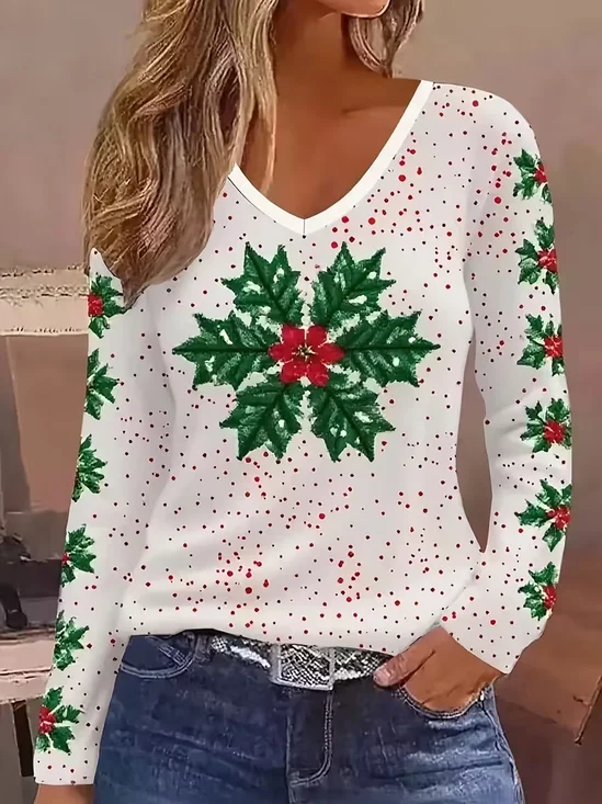 Casual Christmas V Neck Long Sleeve T-shirt