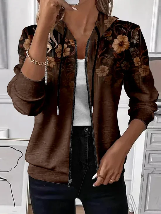 Women Spring/Fall Outerwear Casual Printing Floral Long Sleeve Hoodie Jacket