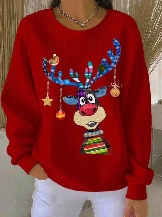 Casual Crew Neck Christmas Sweatshirt Printing
