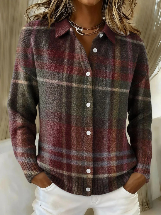 Women Plaid Long Sleeve Comfy Vintage Printing Cardigan