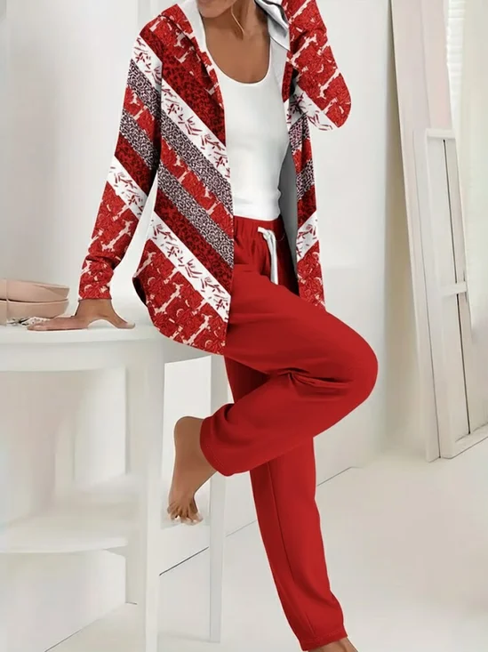 Women Abstract Printing Two-Piece Set Daily Long Sleeve Casual Spring/Fall Coat With Pants Matching Set