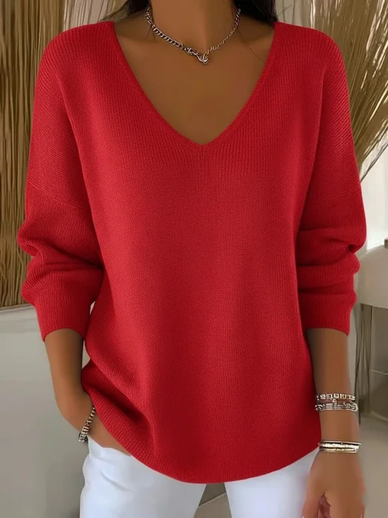 Casual Plain V Neck Long Sleeve T-shirt