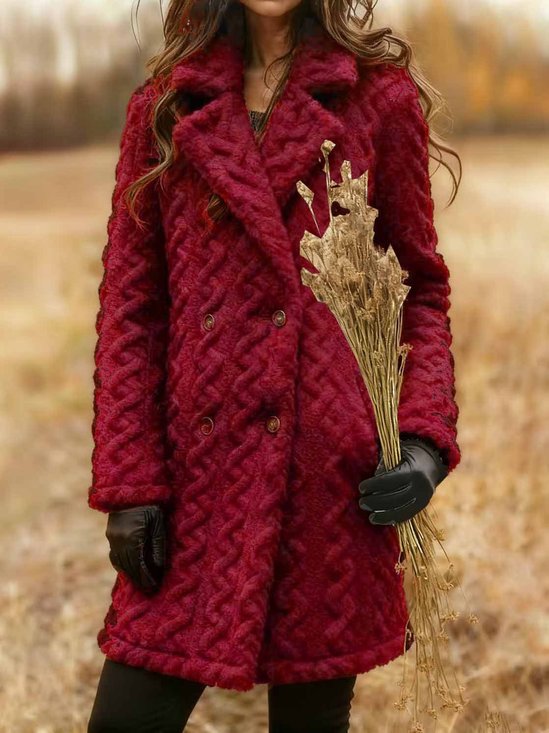 Women Winter Outerwear Casual Jacquard Plain Long Sleeve Shawl Collar Jacket