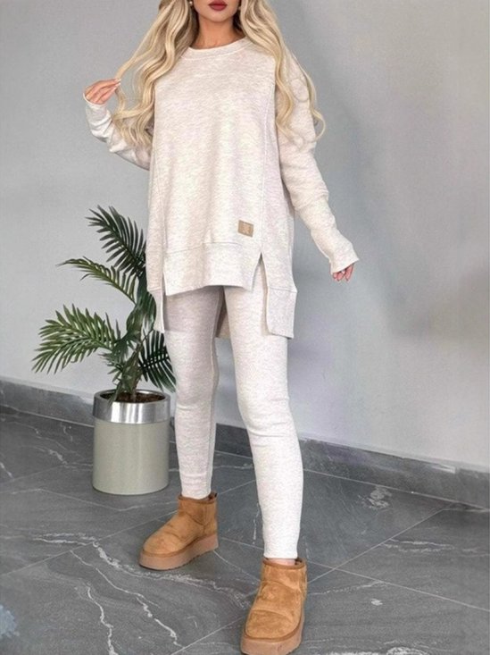 Women Plain Beaded Two-Piece Set Daily Long Sleeve Casual Spring/Fall Top With Pants Matching Set