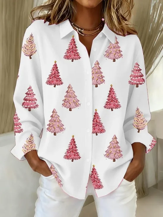 Shirt Collar Regular Sleeve Long Sleeve Christmas Buckle Regular Loose Button Up Shirt Shirt For Women