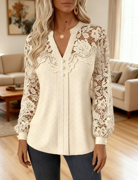 V Neck Long Sleeve Lace Regular Regular Fit Shirt For Women