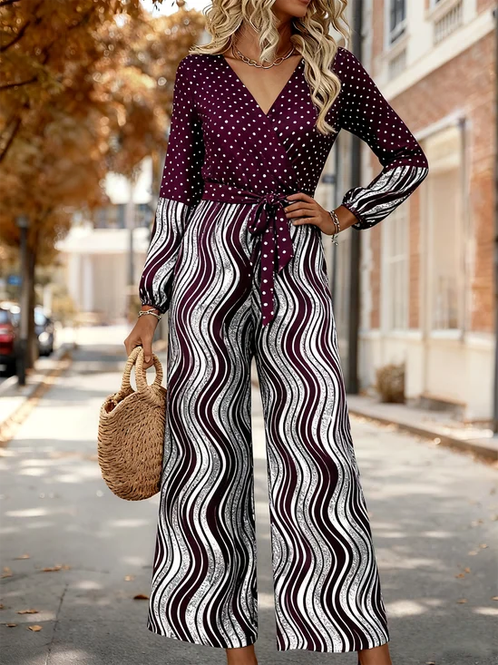 Women Striped V Neck Long Sleeve Elegant Spring/Fall Jumpsuit